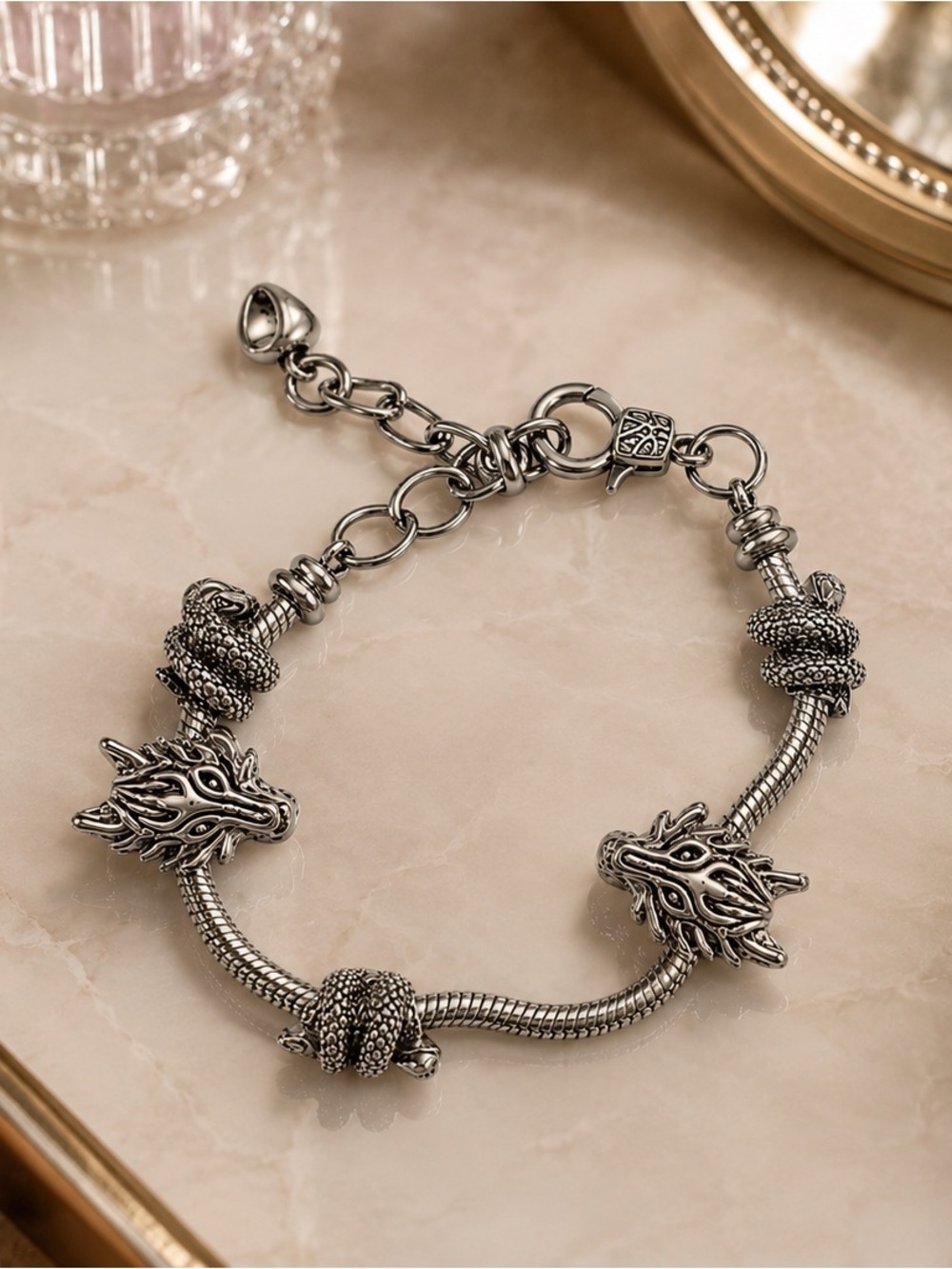 Handmade Stainless Steel Wolf & Snake Bracelet – Adjustable